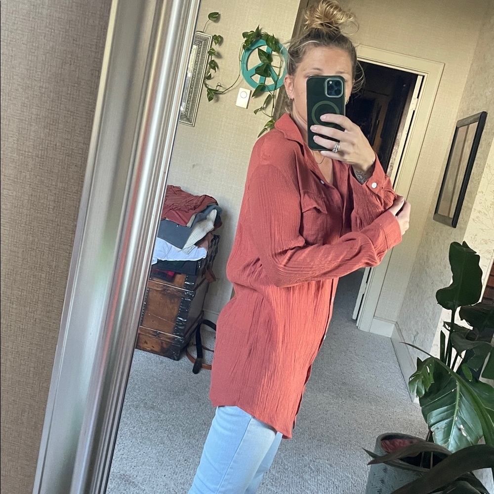 Zoye Chen Rustic Orange Fall Button-Up Shirt - image 7